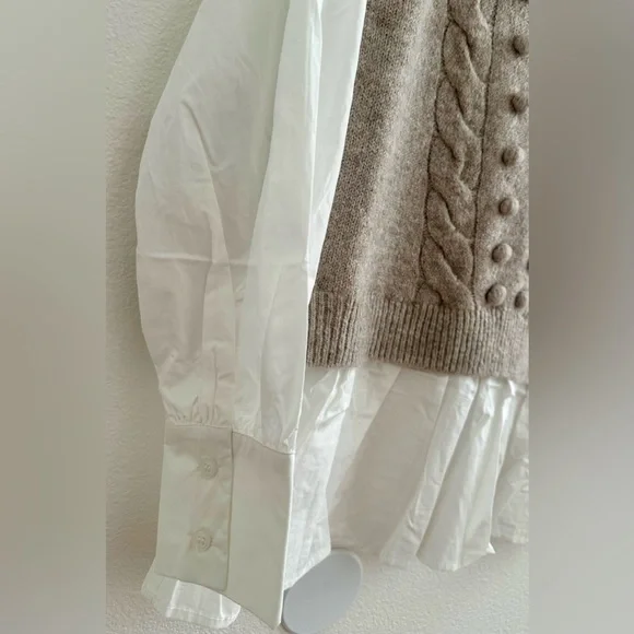 NEW Fate Tan Crew Neck Cable Knit Sweater Vest with Attached white Blouse - Picture 5 of 7